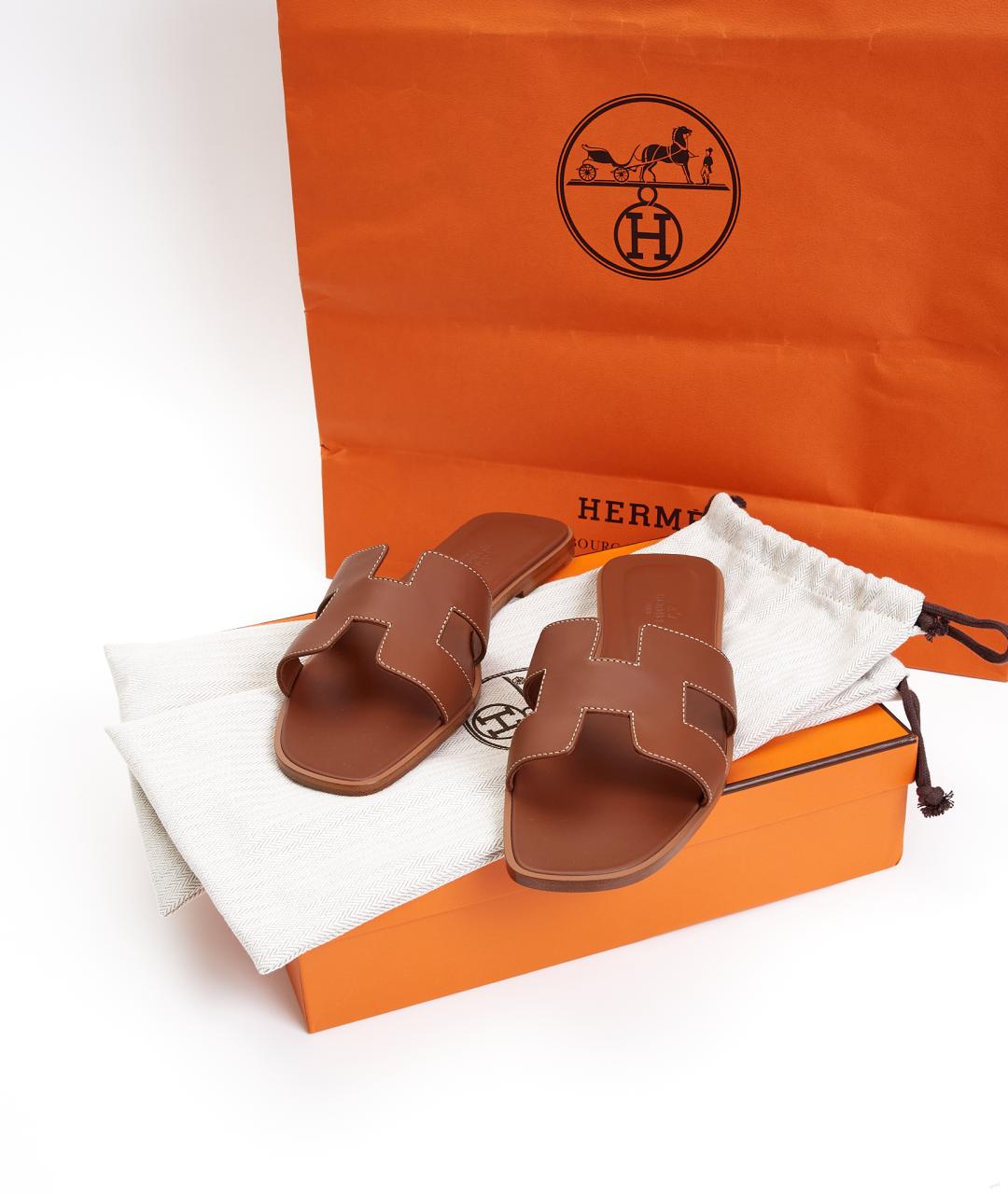 HERMES Коричневые кожаные шлепанцы, фото 8