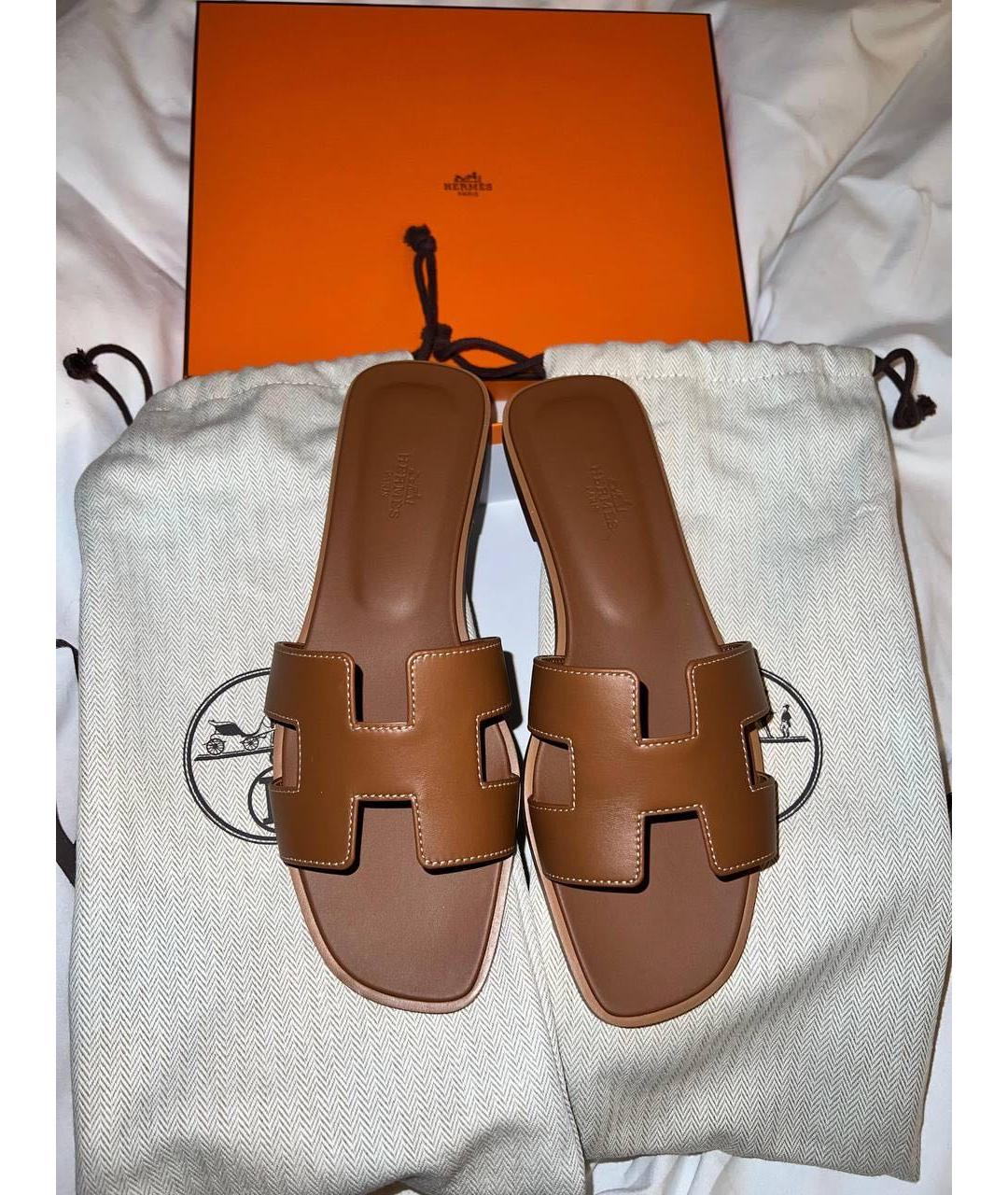 HERMES Коричневые кожаные шлепанцы, фото 3