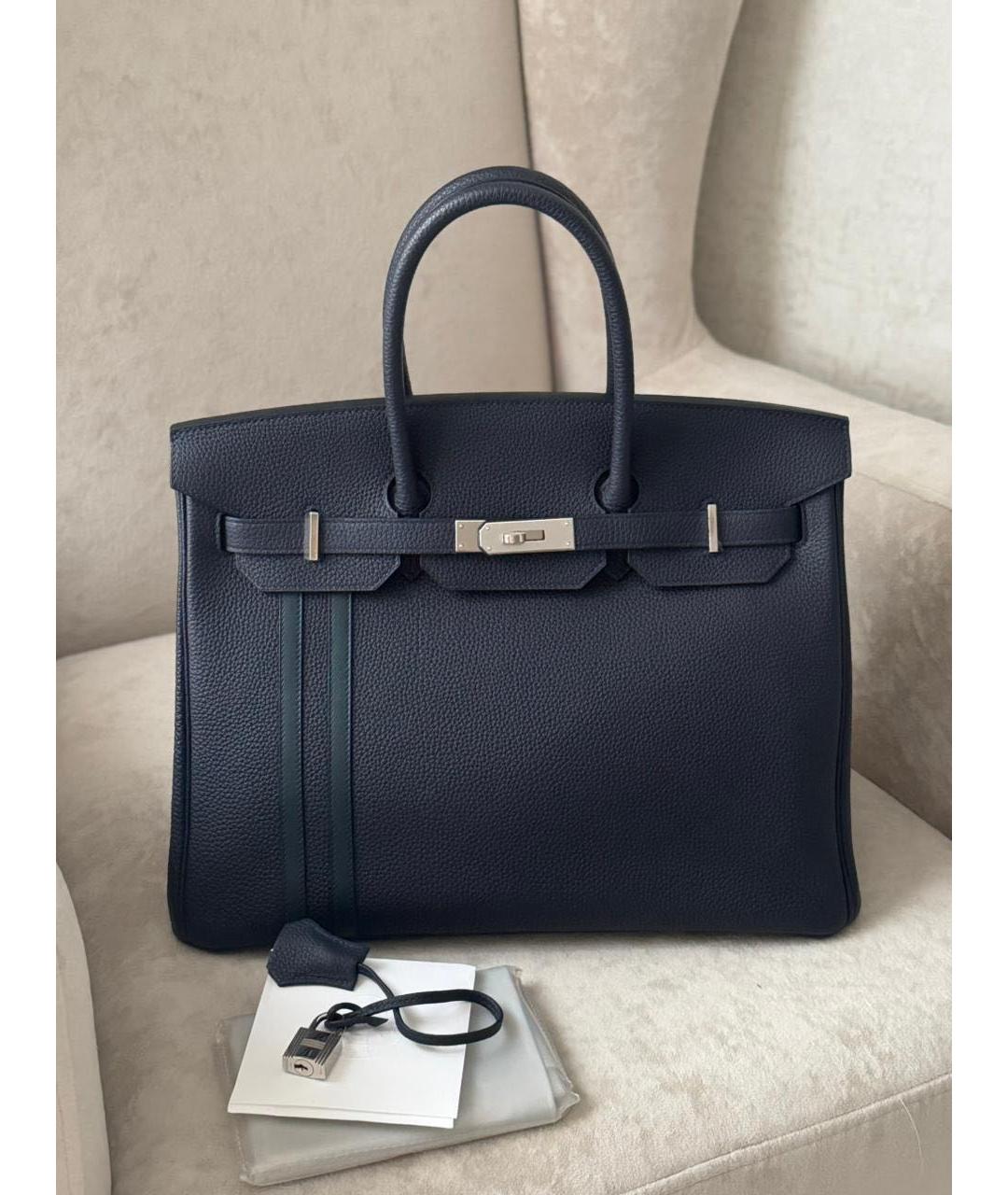 HERMES Темно-синяя кожаная сумка с короткими ручками, фото 9