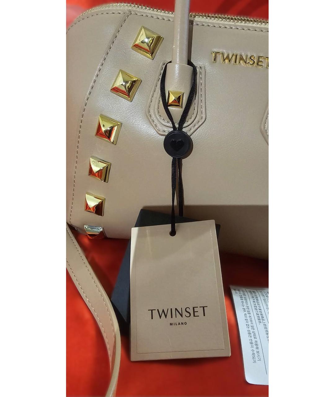 TWIN-SET Бежевая кожаная сумка с короткими ручками, фото 3