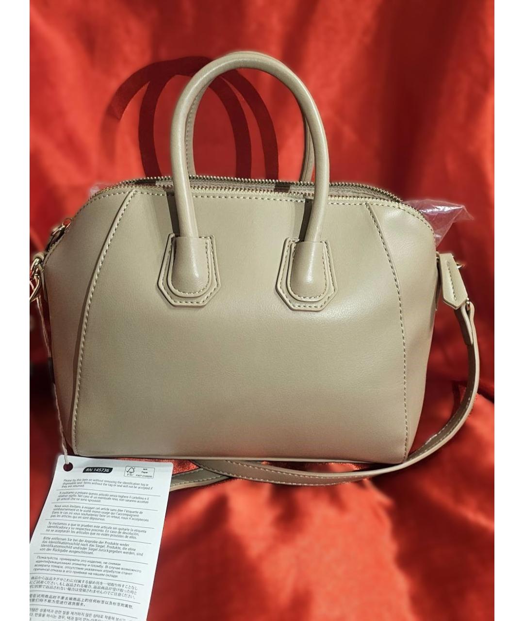 TWIN-SET Бежевая кожаная сумка с короткими ручками, фото 2