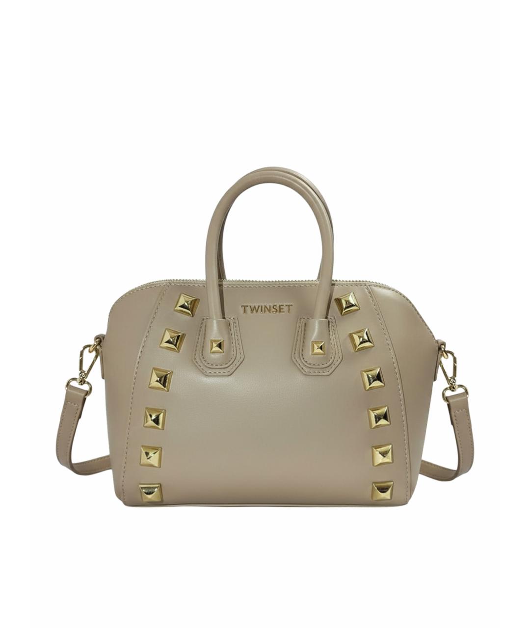 TWIN-SET Бежевая кожаная сумка с короткими ручками, фото 6