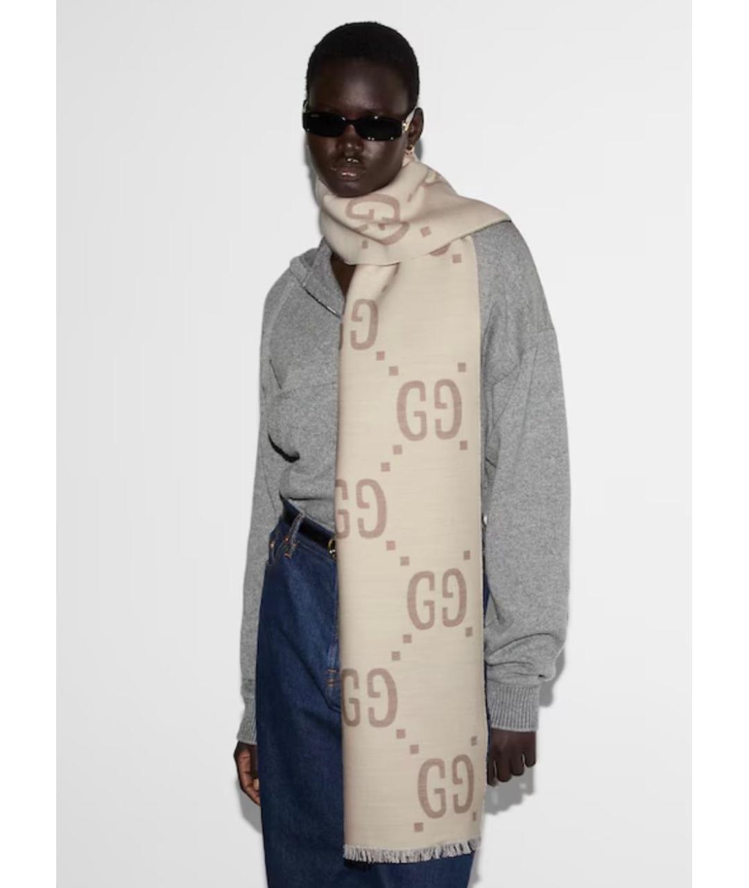 GUCCI Бежевый шерстяной шарф, фото 4