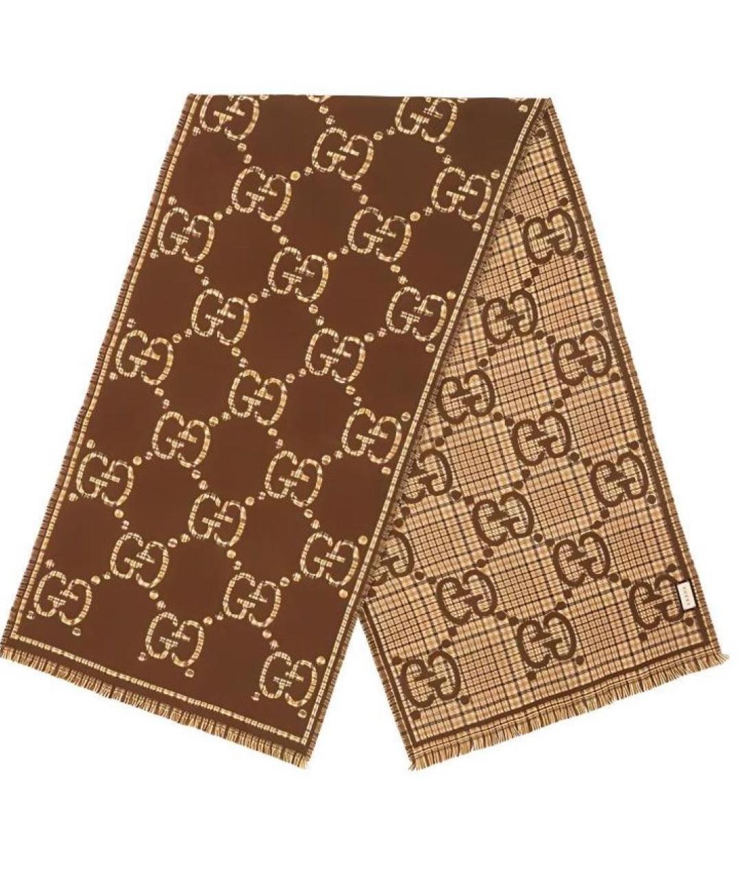 GUCCI Коричневый шерстяной шарф, фото 1