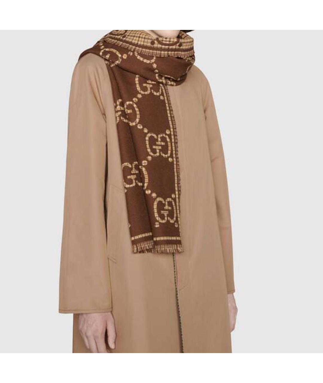 GUCCI Коричневый шерстяной шарф, фото 4