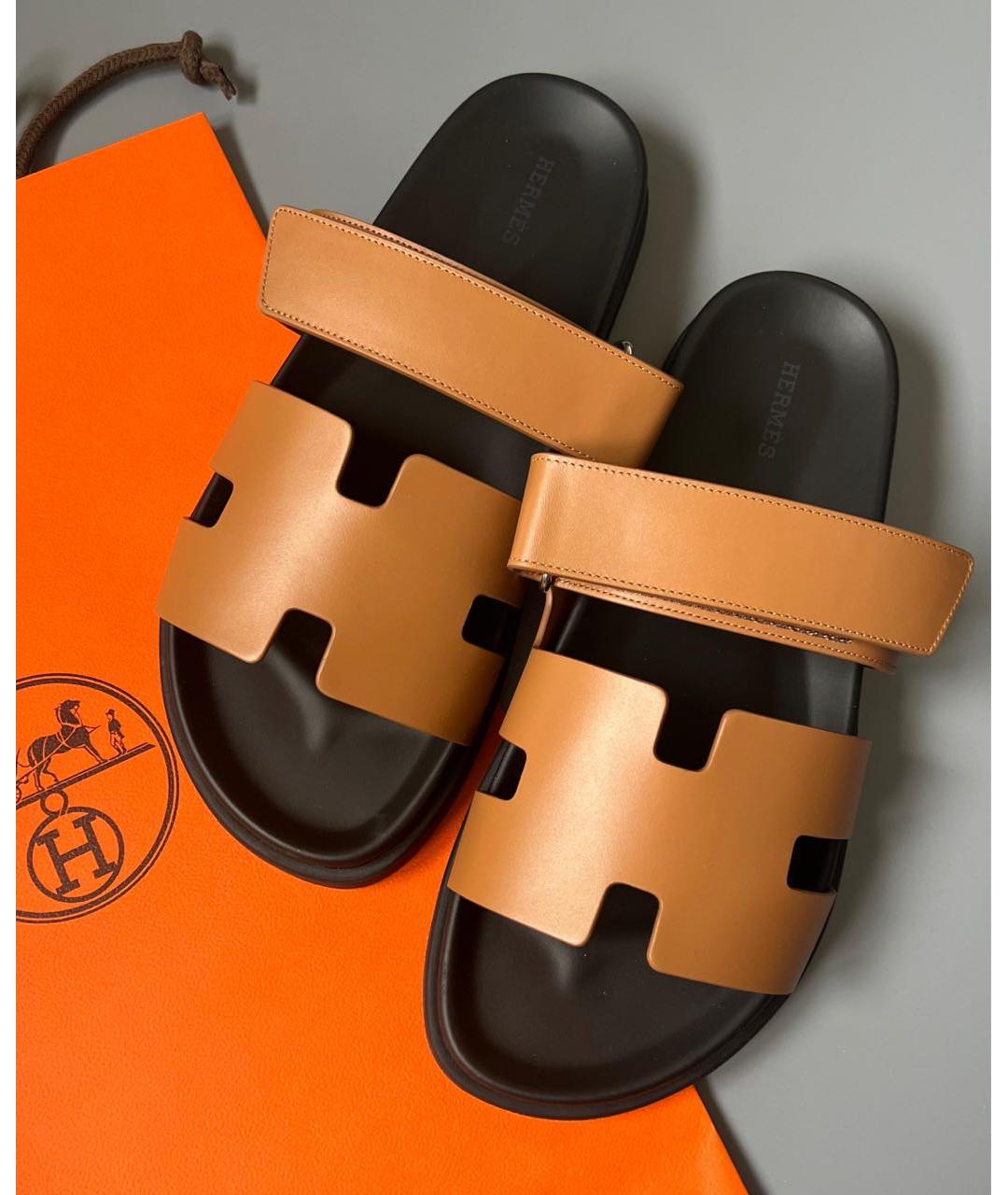 HERMES Коричневые кожаные шлепанцы, фото 3