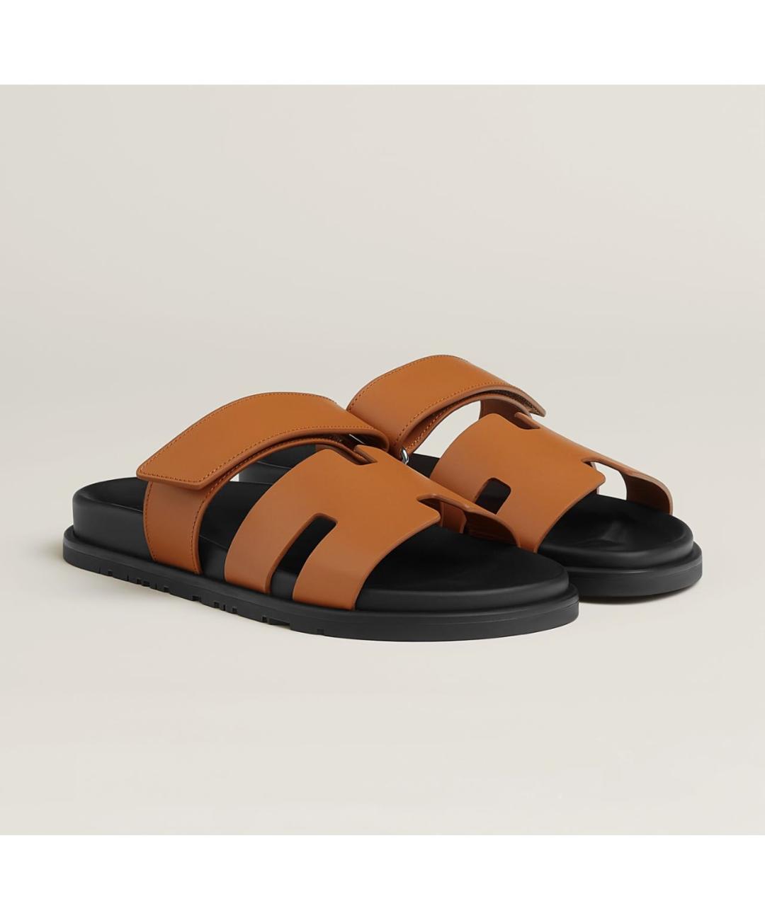 HERMES Коричневые кожаные шлепанцы, фото 4