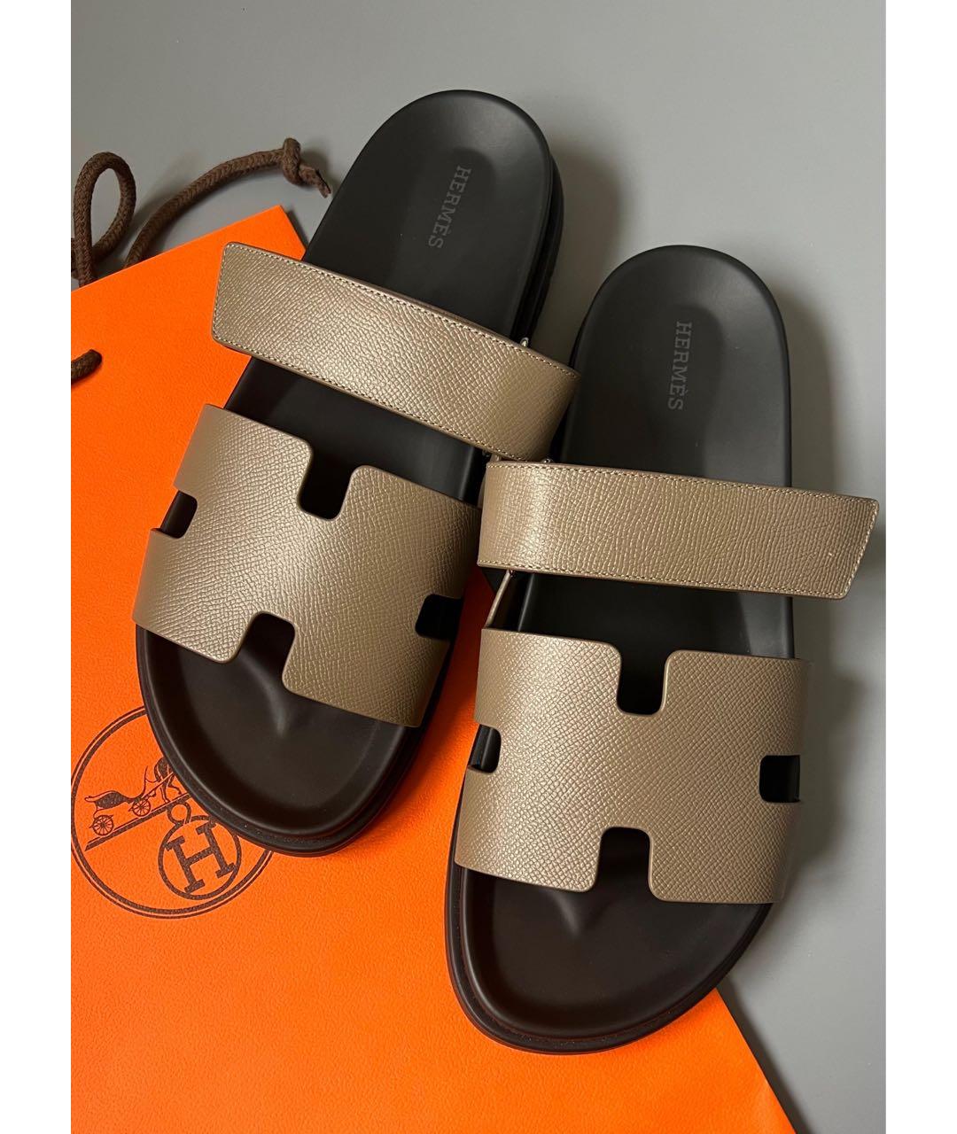 HERMES Хаки кожаные шлепанцы, фото 3