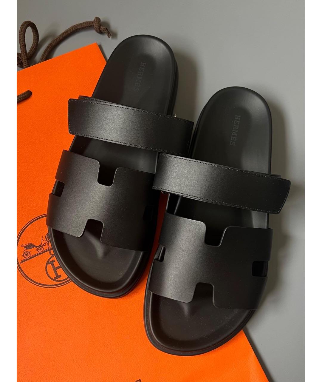 HERMES Черные кожаные шлепанцы, фото 3