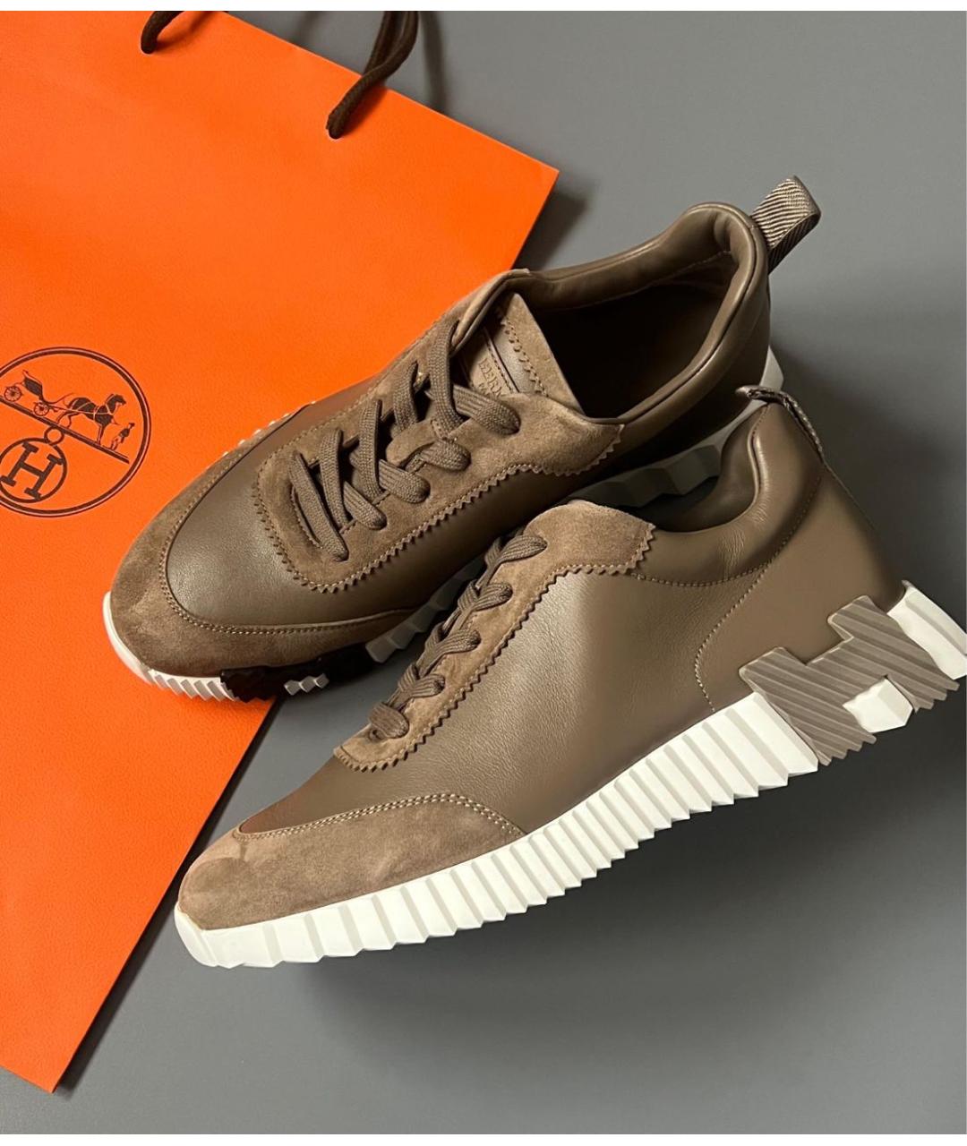 HERMES Хаки кожаные низкие кроссовки / кеды, фото 3