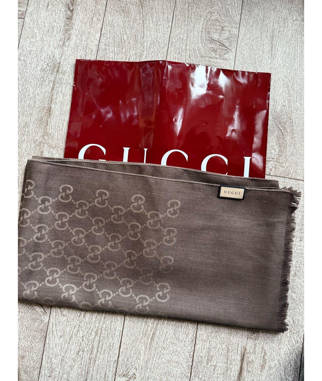 GUCCI Коричневый шерстяной шарф, фото 3