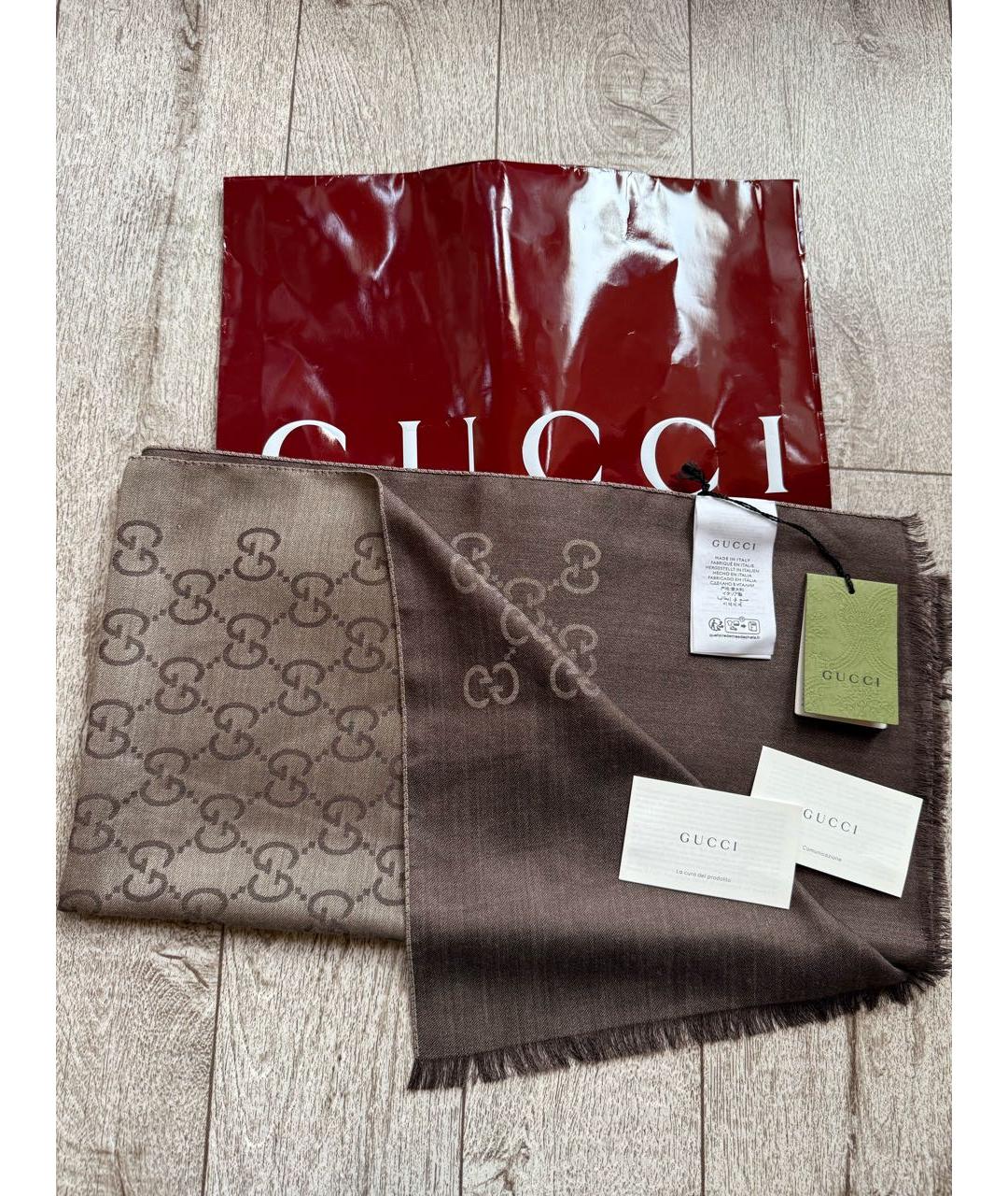 GUCCI Коричневый шерстяной шарф, фото 4