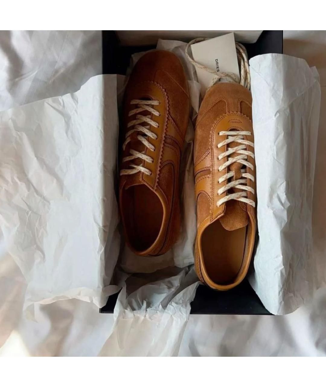 DRIES VAN NOTEN Коричневые кожаные кеды, фото 4