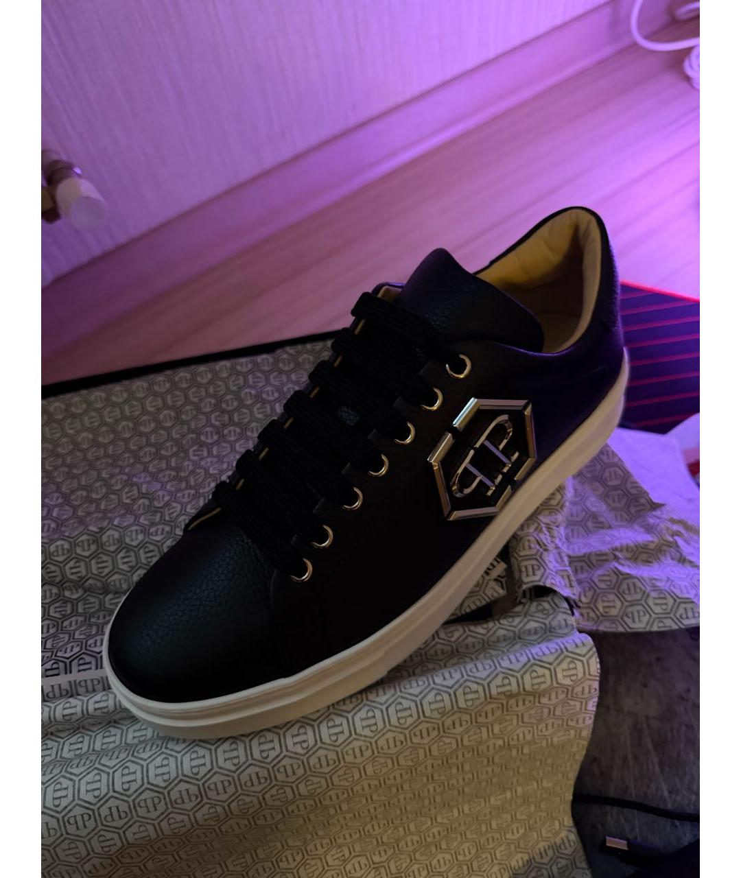 PHILIPP PLEIN Черные кожаные низкие кроссовки / кеды, фото 2