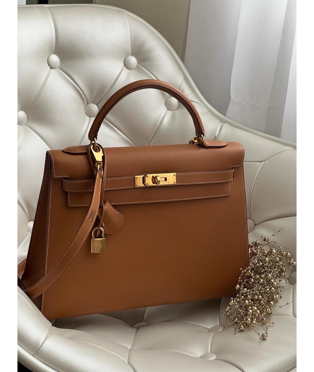 HERMES Коричневая кожаная сумка с короткими ручками, фото 6