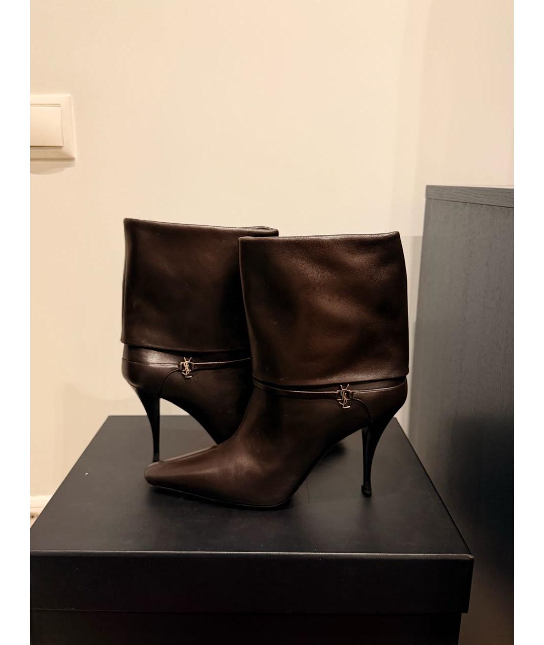 SAINT LAURENT Коричневые кожаные ботильоны, фото 5