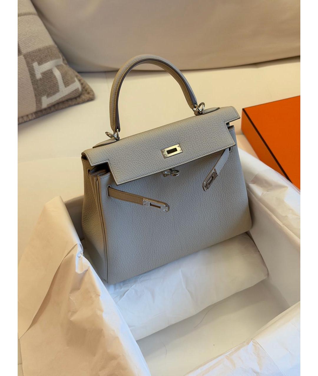 HERMES Серая кожаная сумка с короткими ручками, фото 5