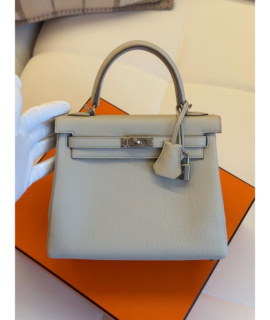HERMES Серая кожаная сумка с короткими ручками, фото 6