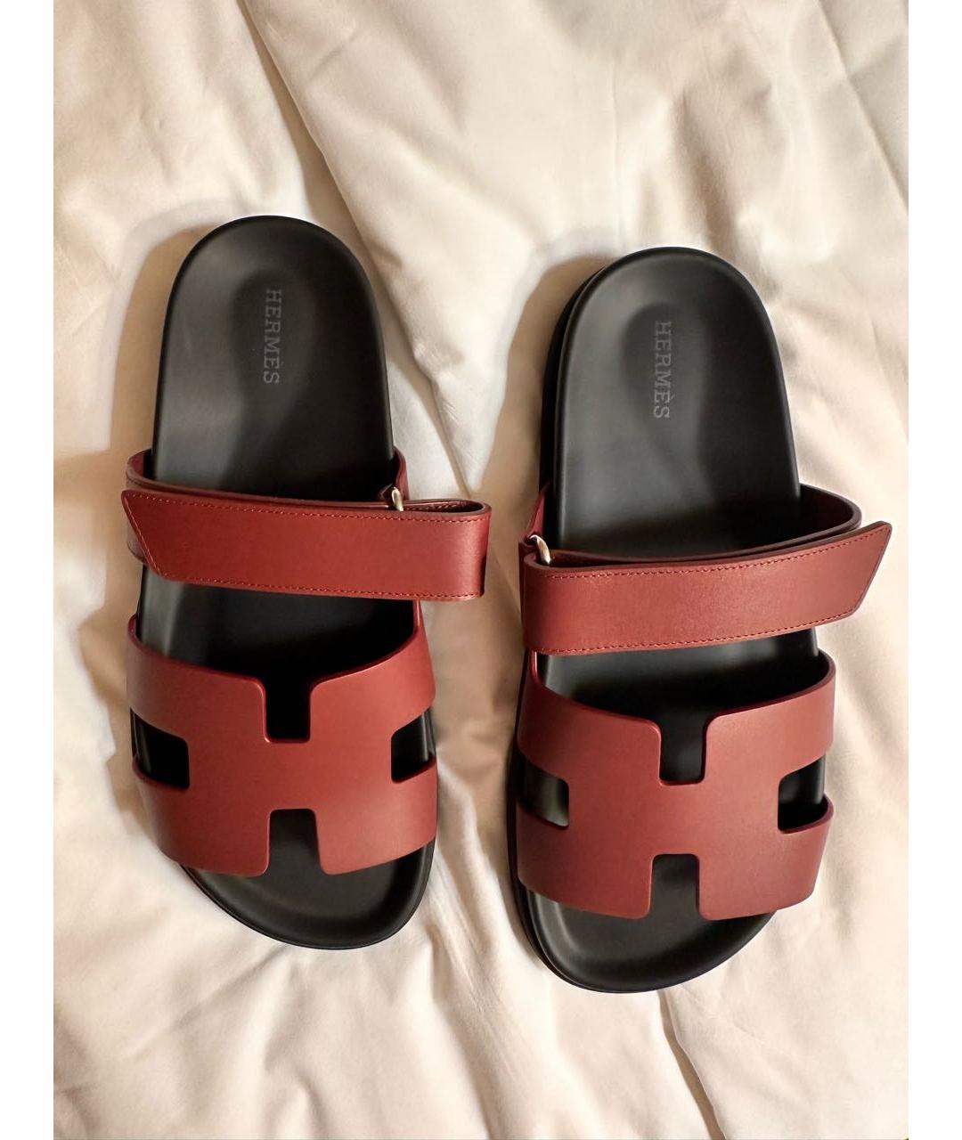 HERMES Бордовые кожаные шлепанцы, фото 3