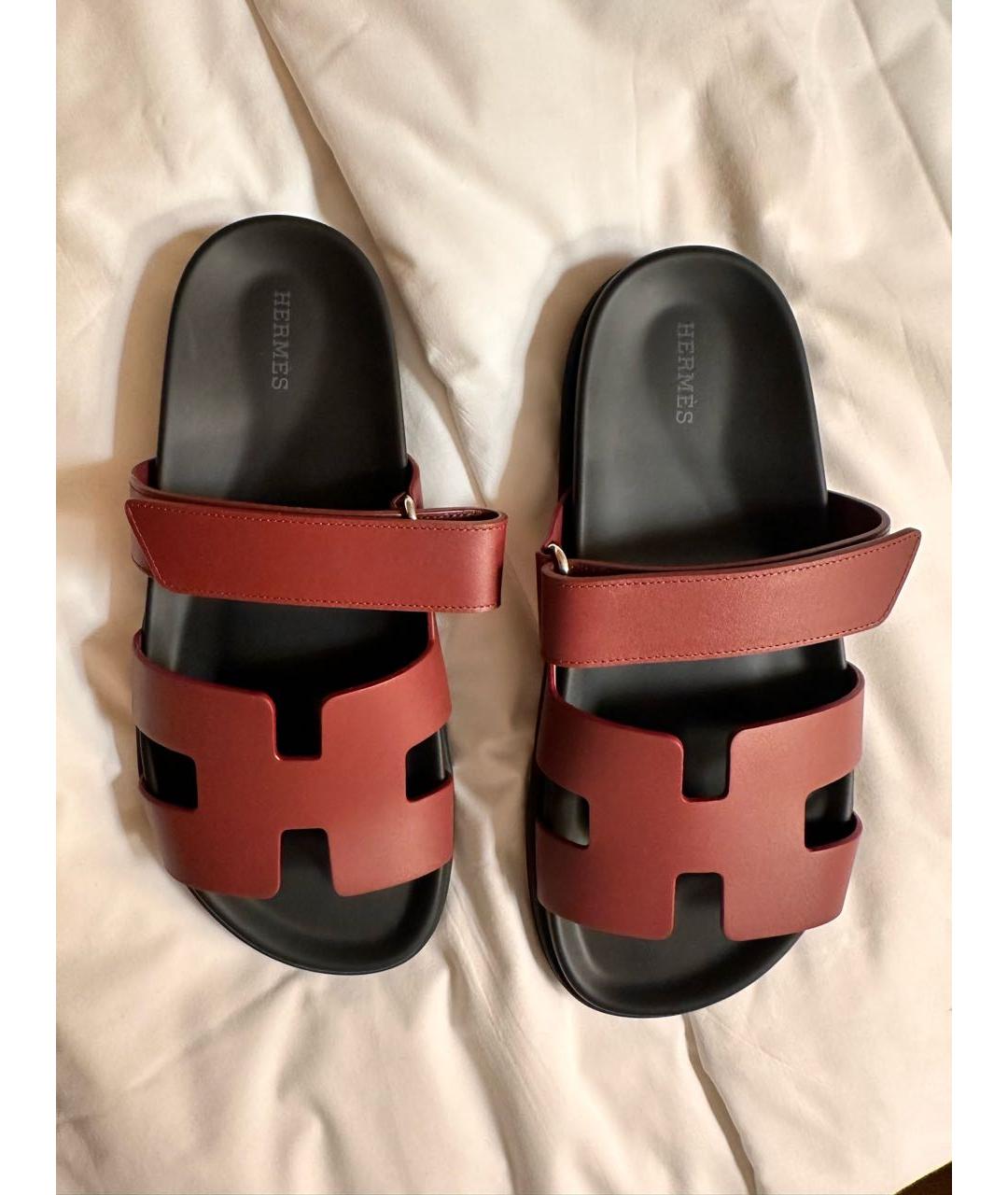 HERMES Бордовые кожаные шлепанцы, фото 2