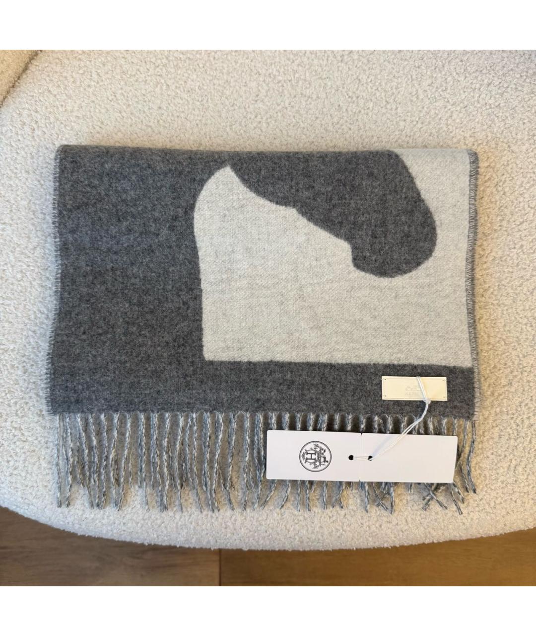 HERMES Серый шерстяной шарф, фото 3