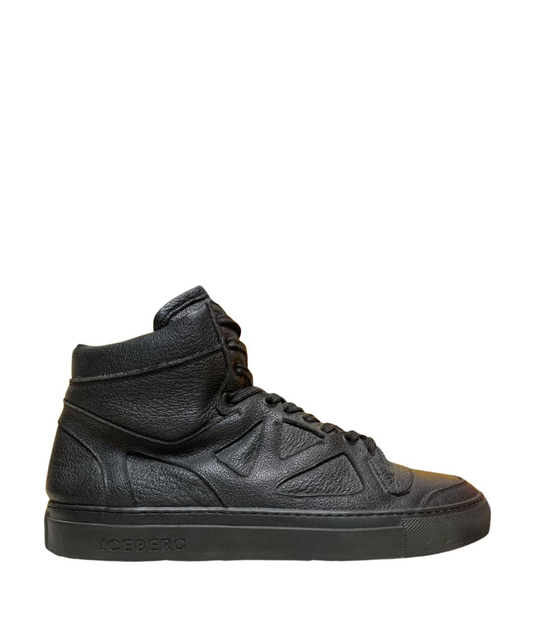 ICEBERG Черные кожаные высокие кроссовки / кеды, фото 1