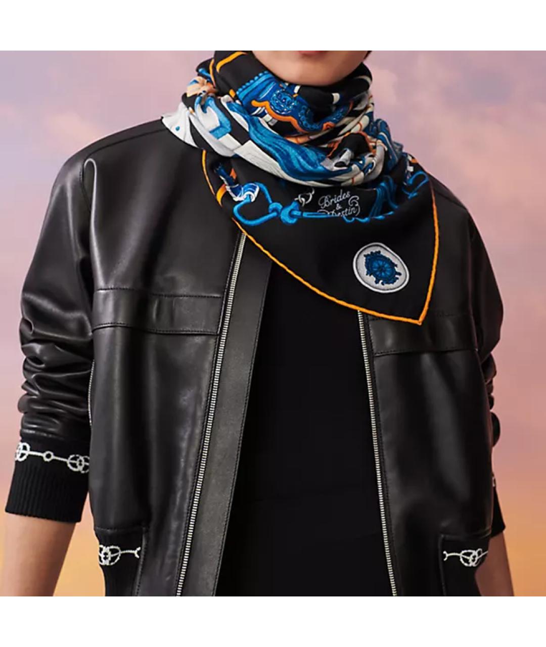 HERMES Черный шелковый шарф, фото 2