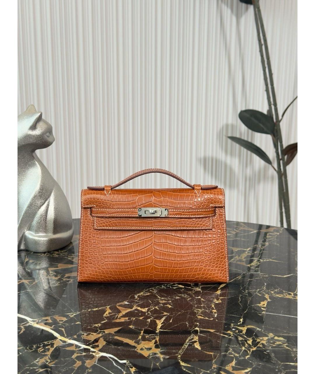HERMES Коричневая сумка с короткими ручками из экзотической кожи, фото 7