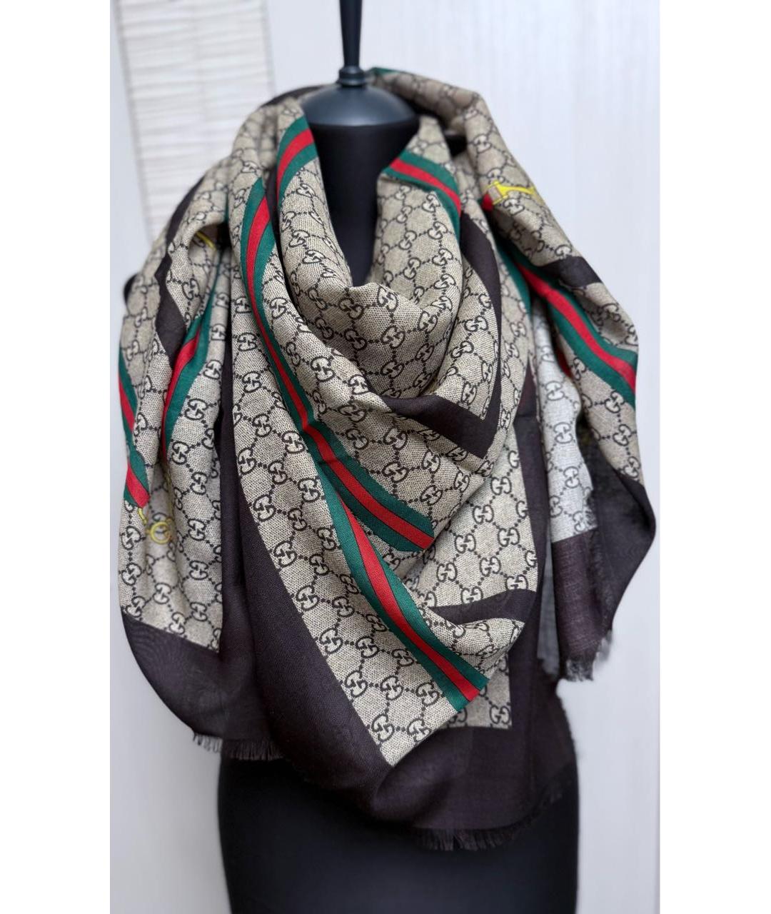 GUCCI Коричневый шерстяной платок, фото 2