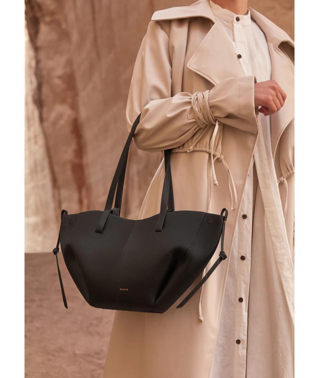 POLENE Черная кожаная сумка тоут, фото 3