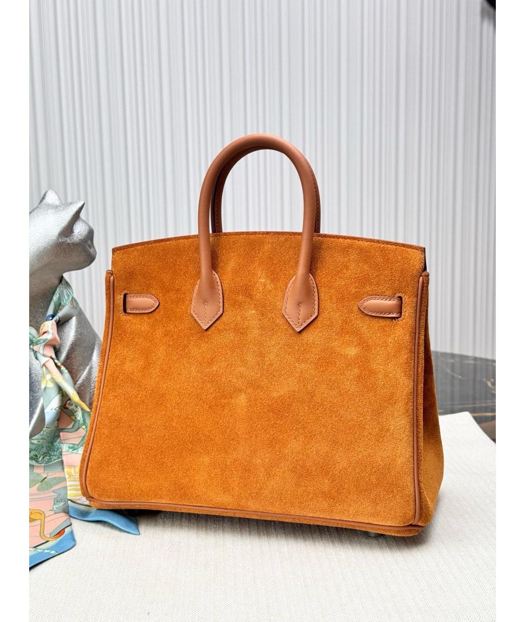 HERMES Оранжевая замшевая сумка с короткими ручками, фото 3