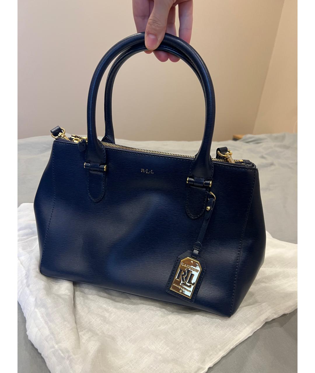 RALPH LAUREN Темно-синяя кожаная сумка тоут, фото 2