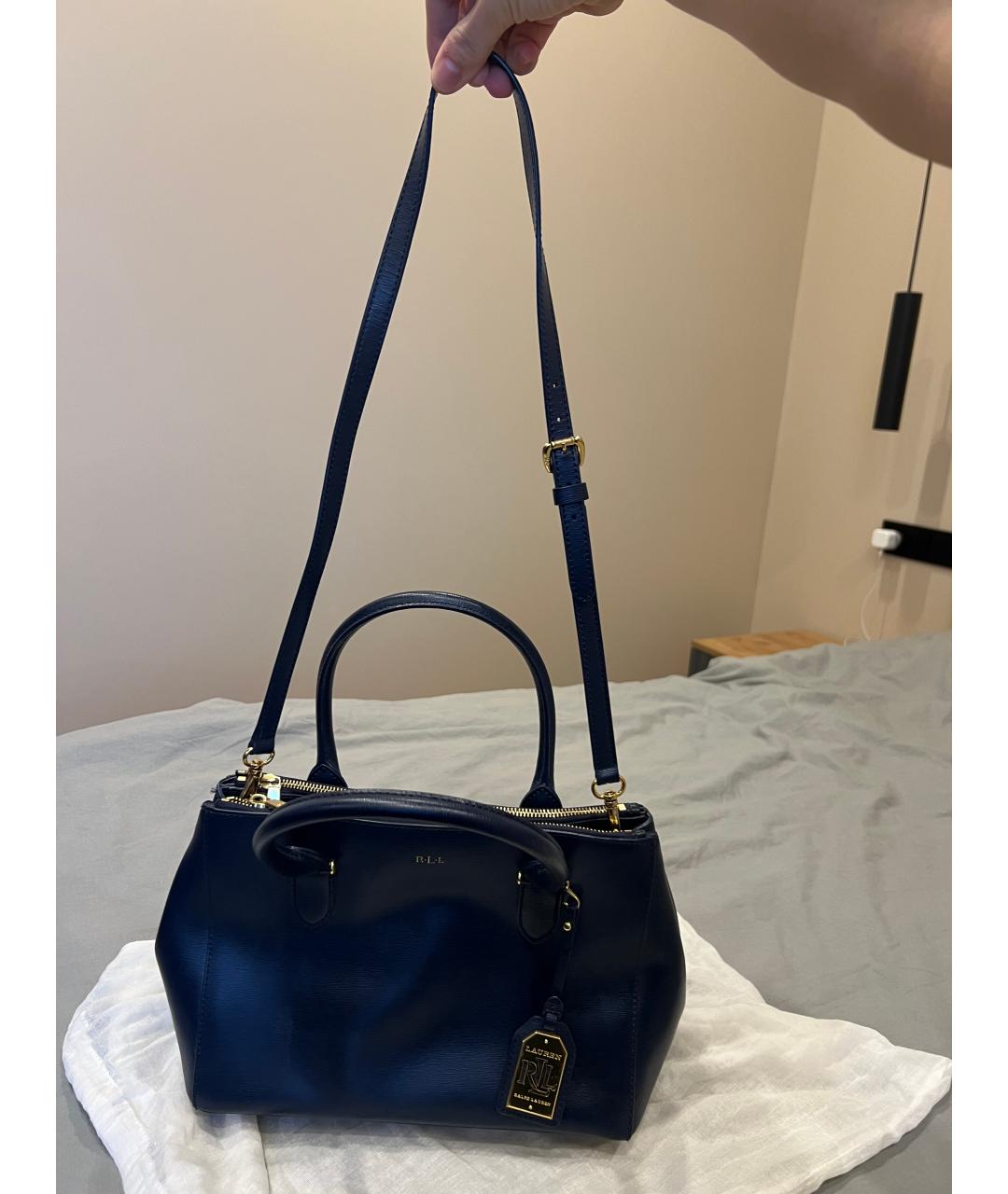 RALPH LAUREN Темно-синяя кожаная сумка тоут, фото 5