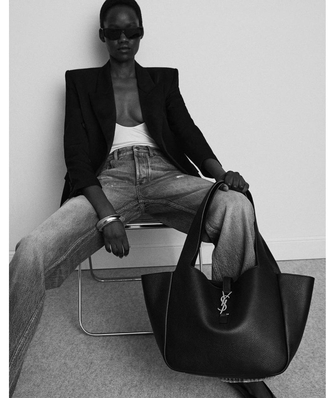 SAINT LAURENT Черная кожаная сумка тоут, фото 4