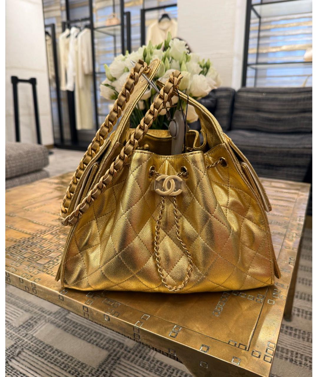 CHANEL Золотая кожаная сумка через плечо, фото 8