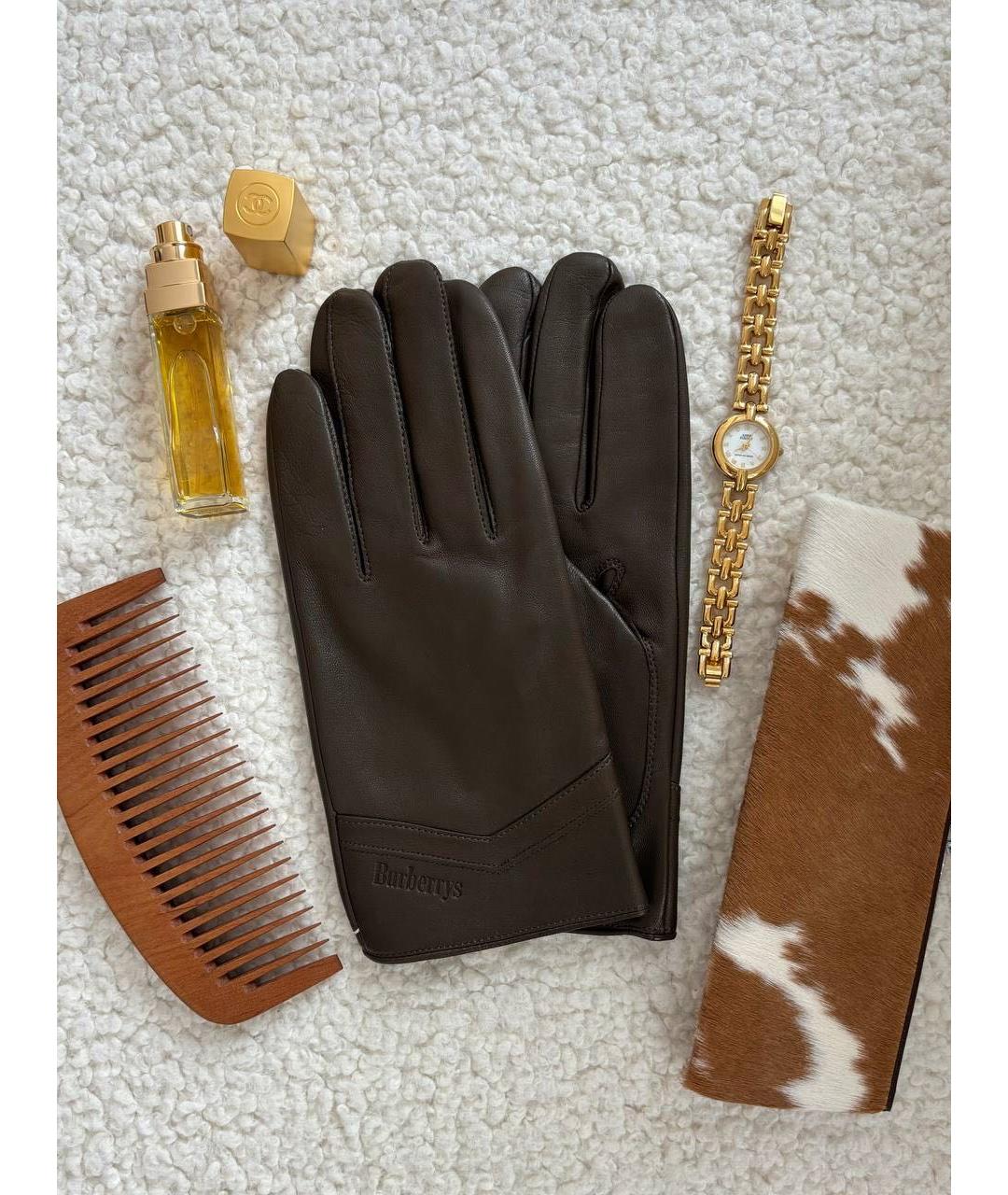 BURBERRY Хаки кожаные перчатки, фото 4