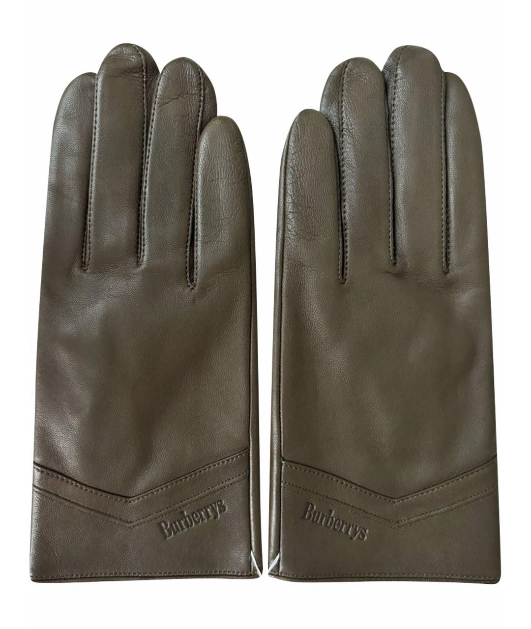 BURBERRY Хаки кожаные перчатки, фото 1