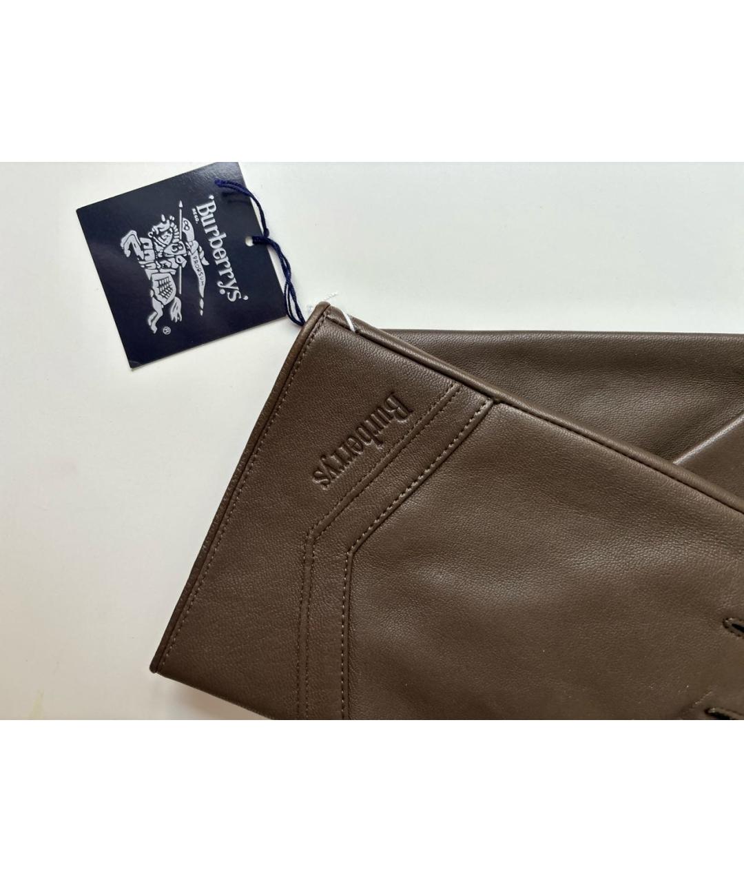 BURBERRY Хаки кожаные перчатки, фото 3