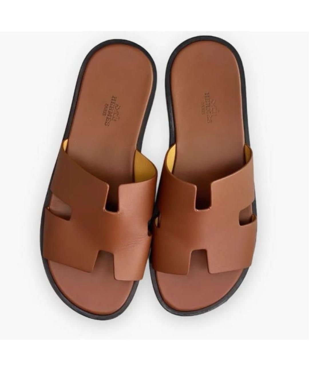 HERMES Коричневые кожаные шлепанцы, фото 2