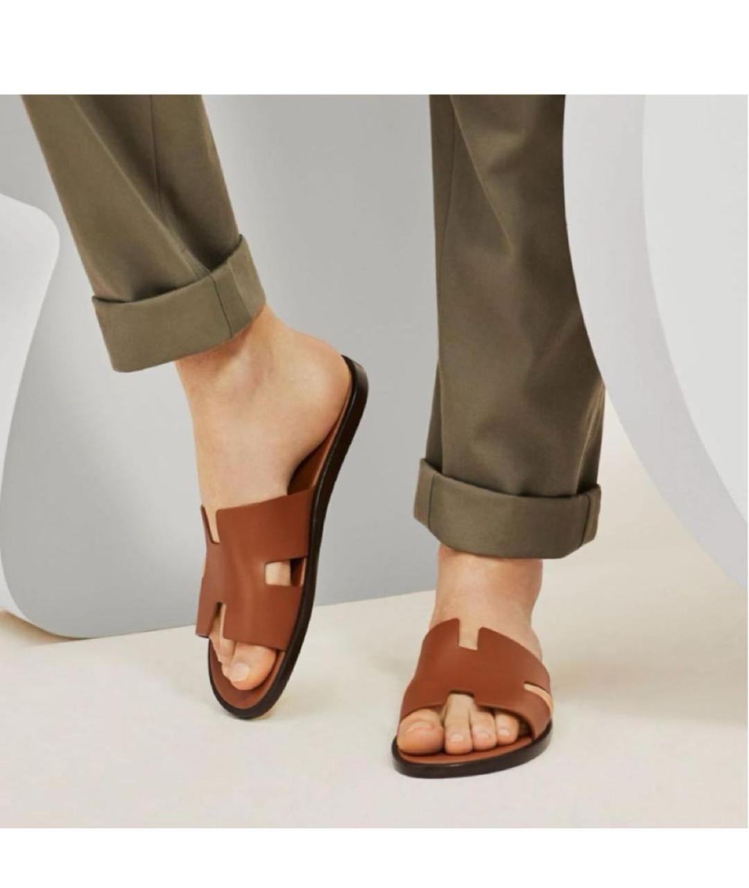 HERMES Коричневые кожаные шлепанцы, фото 3