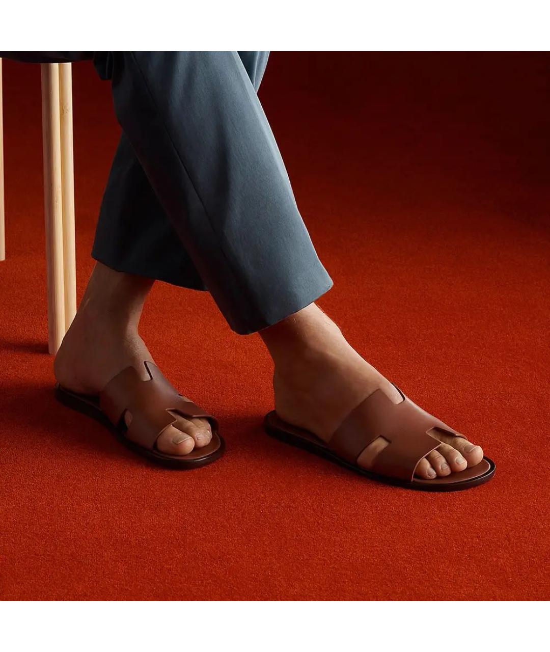 HERMES Коричневые кожаные шлепанцы, фото 7