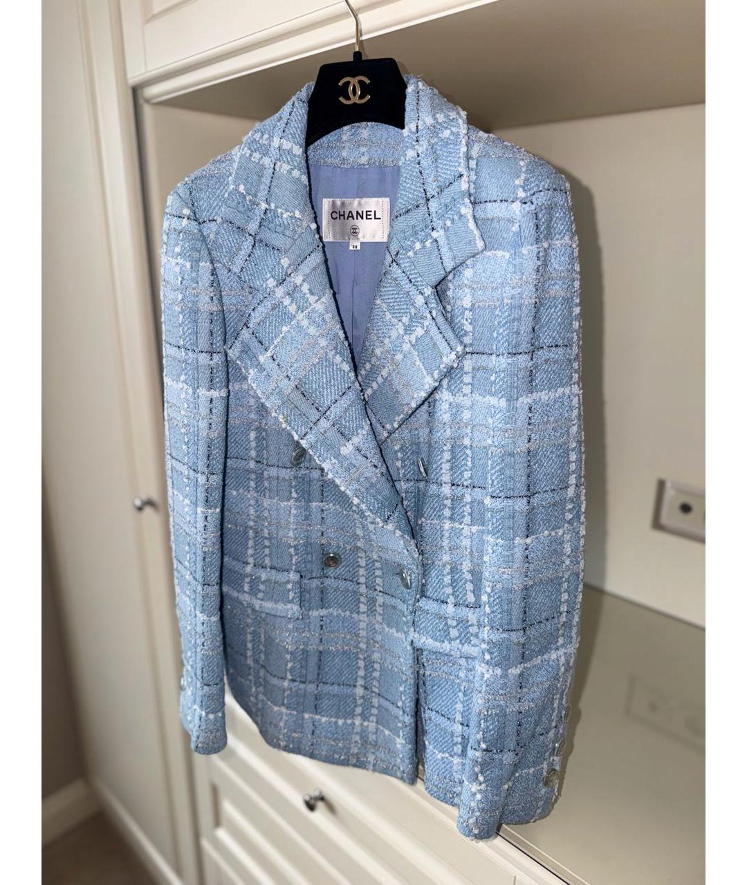 CHANEL Голубой твидовый жакет/пиджак, фото 2