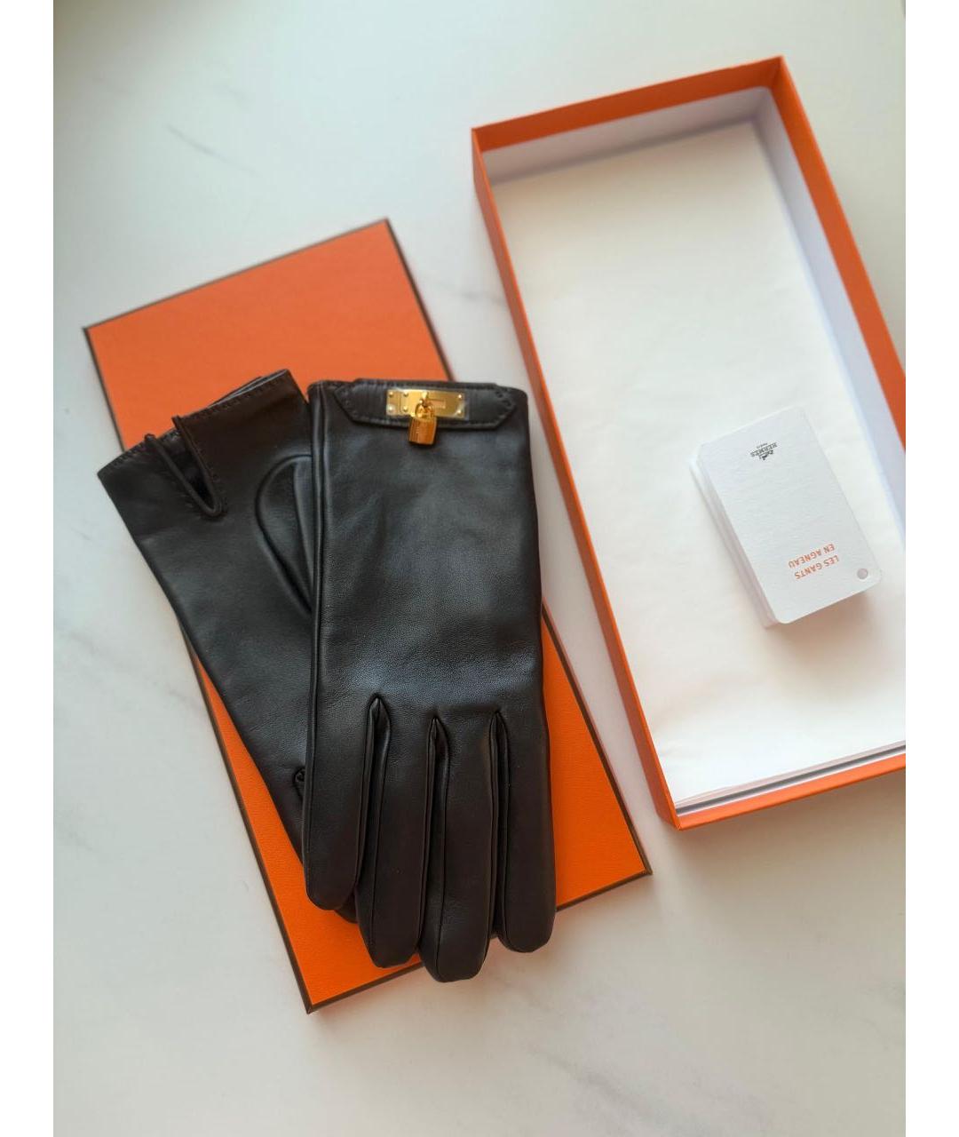 HERMES Черные кожаные перчатки, фото 4