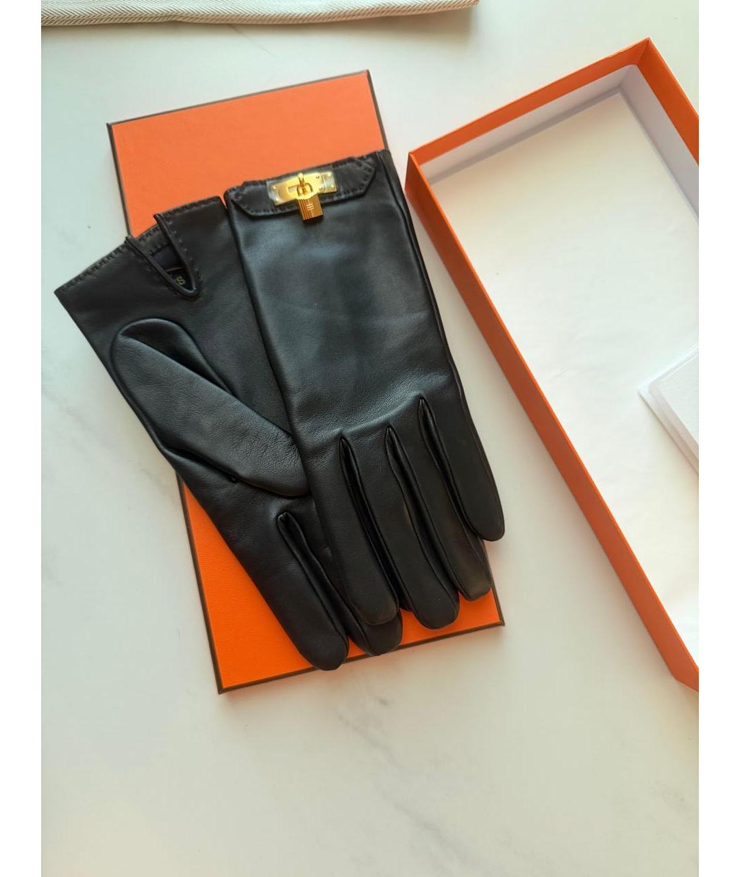 HERMES Черные кожаные перчатки, фото 5