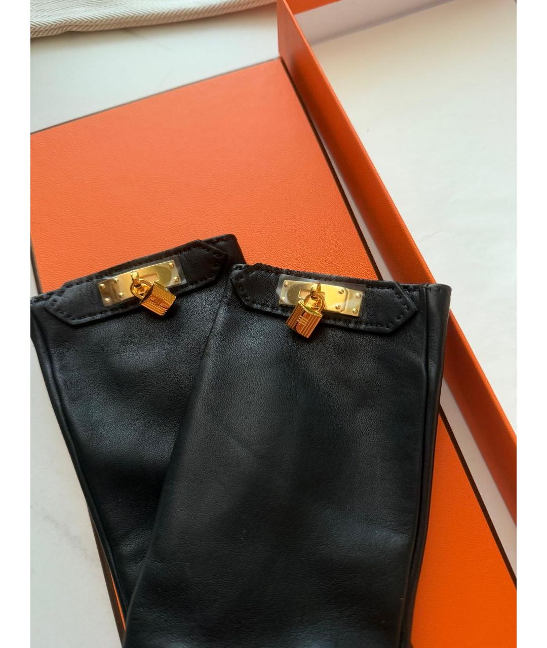HERMES Черные кожаные перчатки, фото 2
