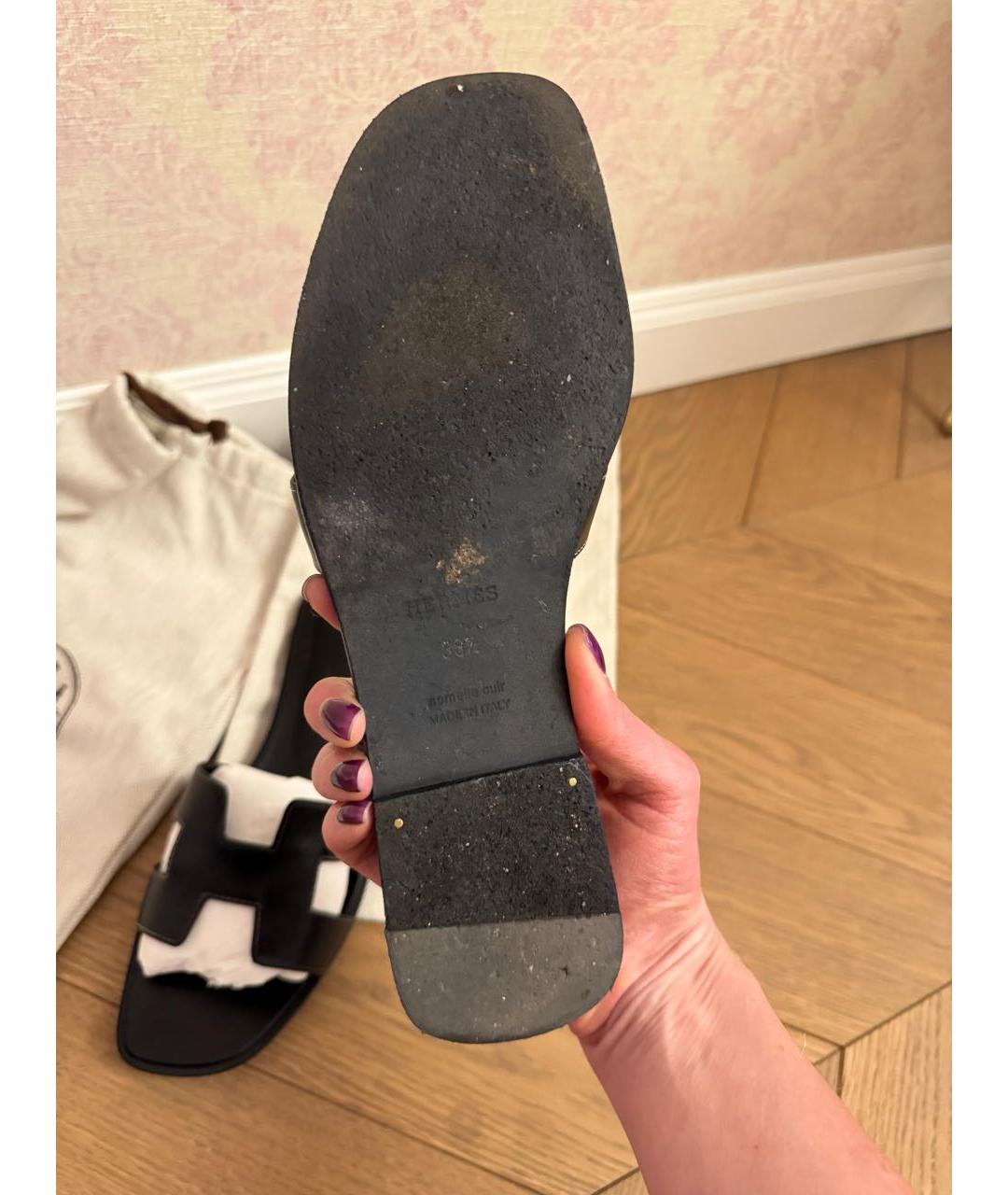 HERMES Черные кожаные шлепанцы, фото 8