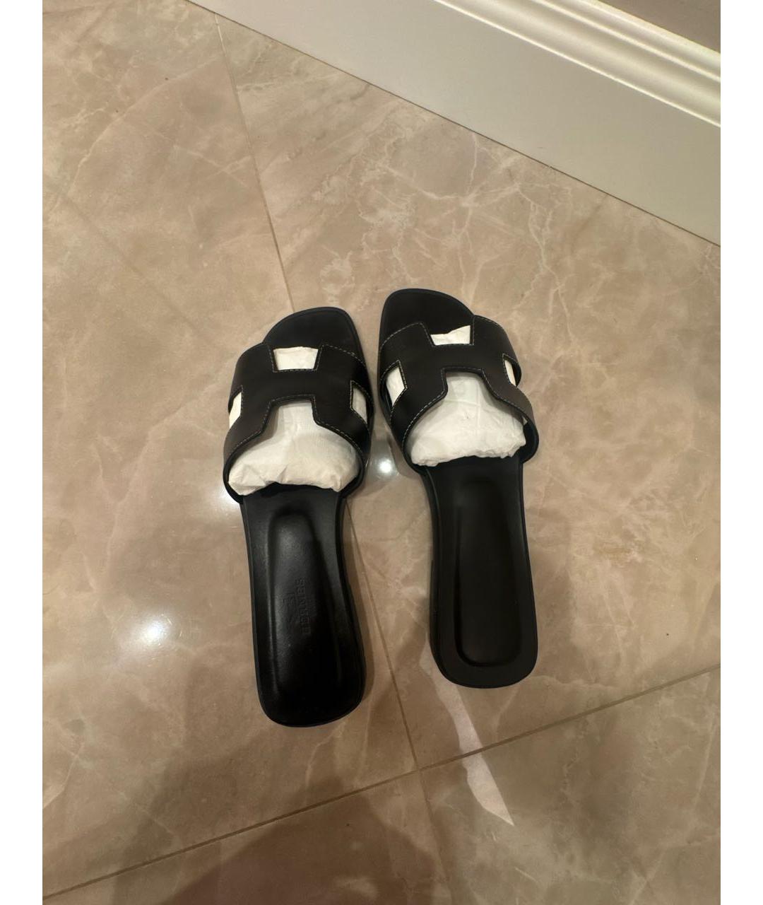HERMES Черные кожаные шлепанцы, фото 4