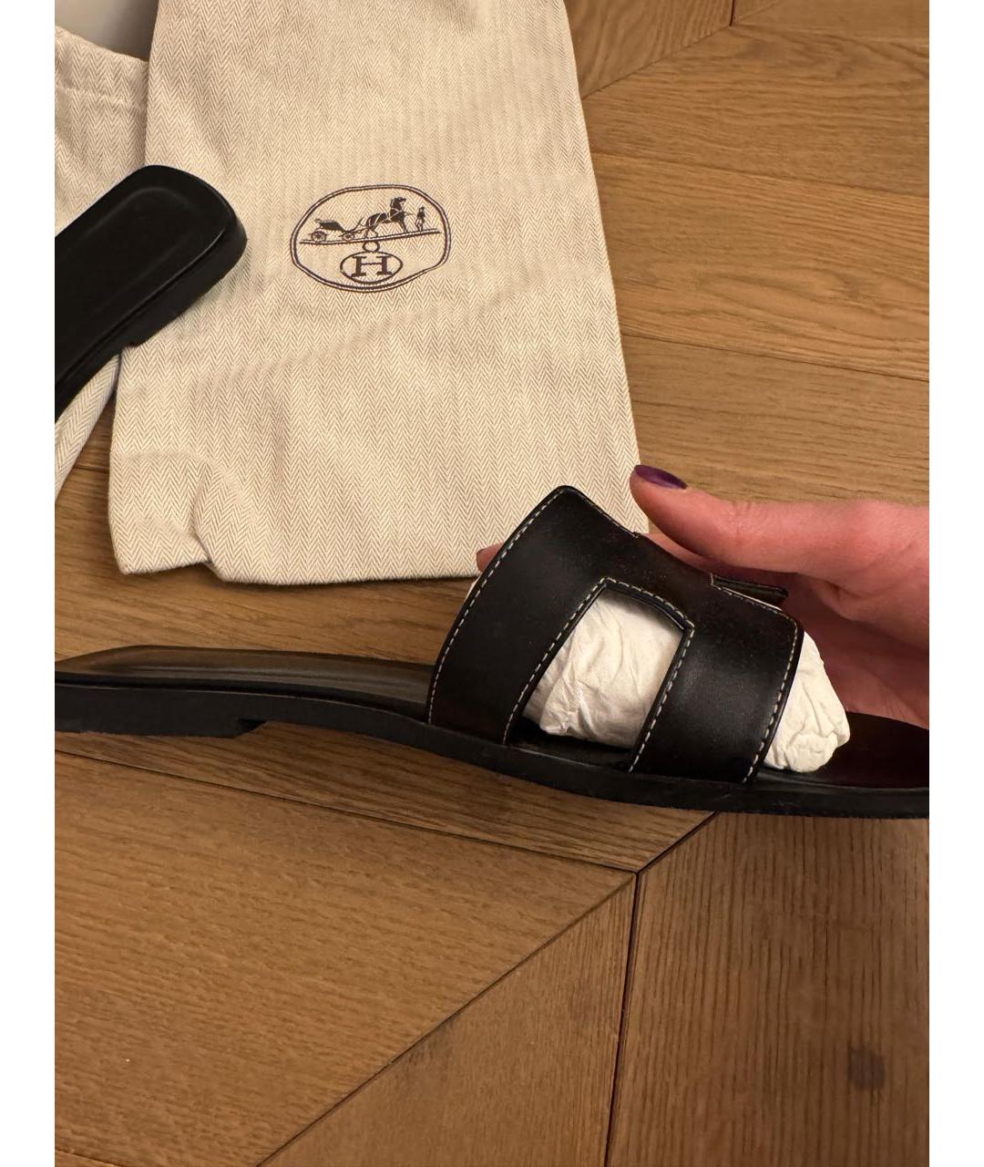 HERMES Черные кожаные шлепанцы, фото 9