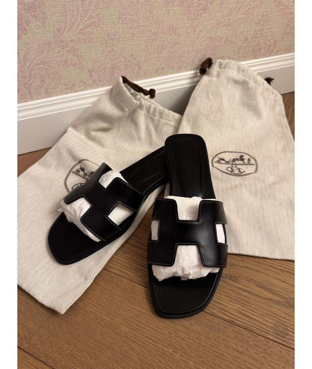 HERMES Черные кожаные шлепанцы, фото 6