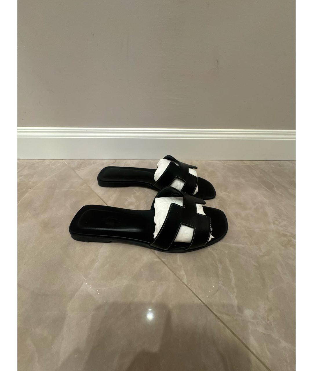 HERMES Черные кожаные шлепанцы, фото 2